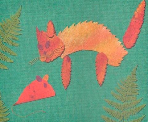 Аппликация из природных материалов. Кошка и мышка